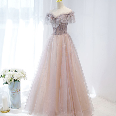Pink tulle sequins long prom dress a line evening gown