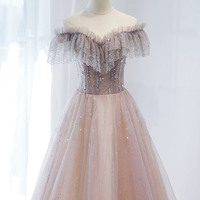 Pink tulle sequins long prom dress A line evening gown - Thumbnail 1