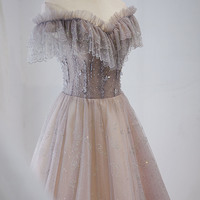 Pink tulle sequins long prom dress A line evening gown - Thumbnail 2