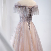 Pink tulle sequins long prom dress A line evening gown - Thumbnail 3
