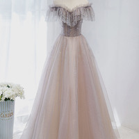 Pink tulle sequins long prom dress A line evening gown - Thumbnail 4