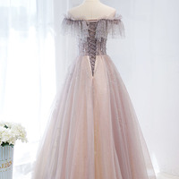 Pink tulle sequins long prom dress A line evening gown - Thumbnail 5