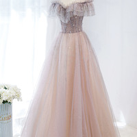 Pink tulle sequins long prom dress A line evening gown - Thumbnail 8