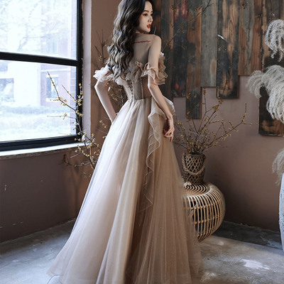 Cute tulle beads long prom dress a line evening gown - Thumbnail 2