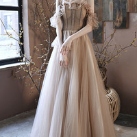 Cute tulle beads long prom dress A line evening gown - Thumbnail 1