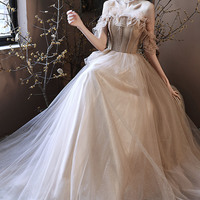 Cute tulle beads long prom dress A line evening gown - Thumbnail 2