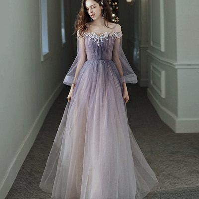 Purple tulle lace long prom dress a line evening dress - Thumbnail 2