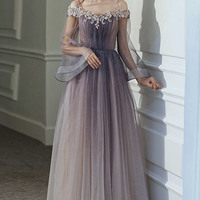 Purple tulle lace long prom dress A line evening dress - Thumbnail 1