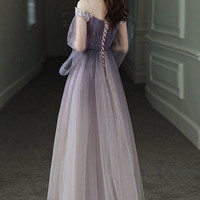 Purple tulle lace long prom dress A line evening dress - Thumbnail 3