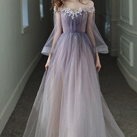 Purple tulle lace long prom dress A line evening dress - Thumbnail 4