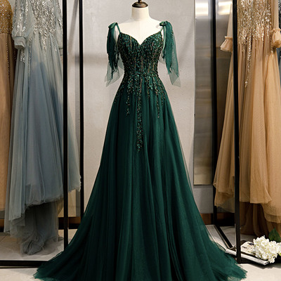 Green tulle lace long prom dress a line evening dress - Thumbnail 1