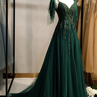Green tulle lace long prom dress A line evening dress - Thumbnail 1