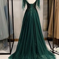 Green tulle lace long prom dress A line evening dress - Thumbnail 2