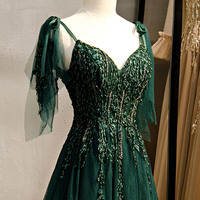 Green tulle lace long prom dress A line evening dress - Thumbnail 3