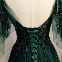 Green tulle lace long prom dress A line evening dress - Thumbnail 4