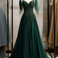 Green tulle lace long prom dress A line evening dress - Thumbnail 5