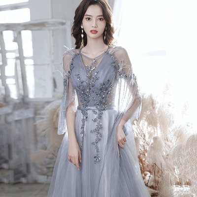 Gray tulle sequins long prom dress a line evening dress - Thumbnail 2