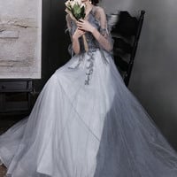 Gray tulle sequins long prom dress A line evening dress - Thumbnail 2