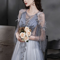 Gray tulle sequins long prom dress A line evening dress - Thumbnail 3