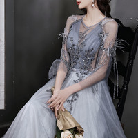 Gray tulle sequins long prom dress A line evening dress - Thumbnail 4