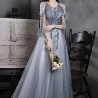 Gray tulle sequins long prom dress A line evening dress - Thumbnail 5