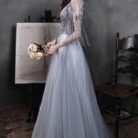 Gray tulle sequins long prom dress A line evening dress - Thumbnail 6
