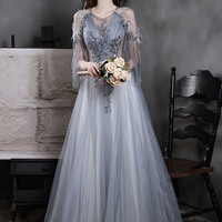 Gray tulle sequins long prom dress A line evening dress - Thumbnail 7