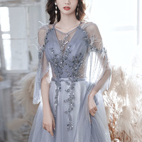 Gray tulle sequins long prom dress A line evening dress - Thumbnail 8
