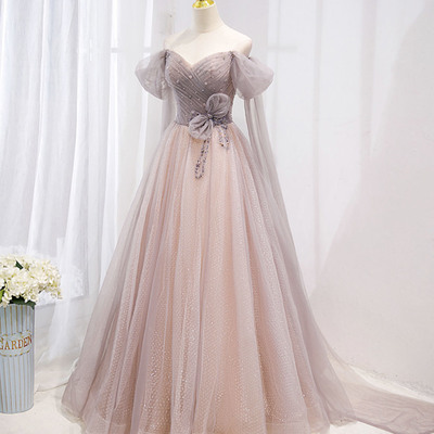 Pink tulle beads long prom dress a line evening gown - Thumbnail 3