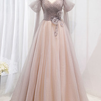 Pink tulle beads long prom dress A line evening gown - Thumbnail 1