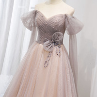 Pink tulle beads long prom dress A line evening gown - Thumbnail 2