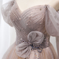 Pink tulle beads long prom dress A line evening gown - Thumbnail 3