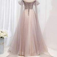 Pink tulle beads long prom dress A line evening gown - Thumbnail 5