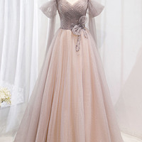 Pink tulle beads long prom dress A line evening gown - Thumbnail 6