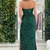 Sparkly Sheath Dark Green Sequins Long Prom Party Dress with Front Split - Thumbnail 1