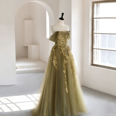 Green tulle lace long prom dress green evening dress - Thumbnail 2