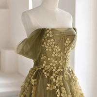 Green tulle lace long prom dress green evening dress - Thumbnail 1