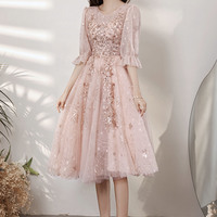 Pink tulle sequins short prom dress homecoming dress - Thumbnail 4