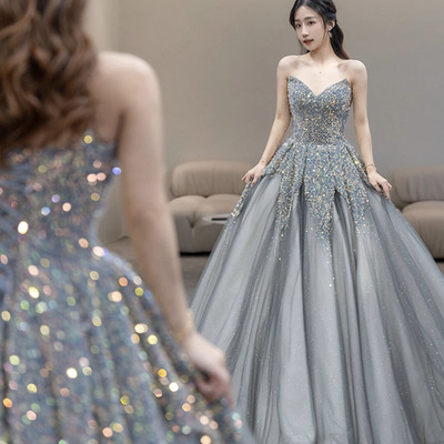 Gray tulle sequins long ball gown dress formal dress - Thumbnail 1