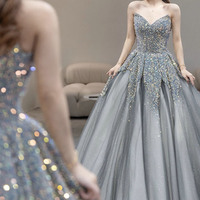 Gray tulle sequins long ball gown dress formal dress - Thumbnail 4