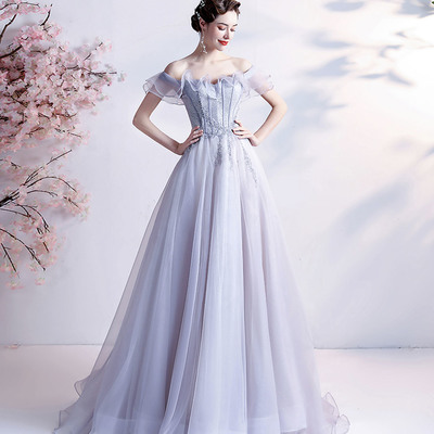 Gray tulle beads long prom dress a line evening dress