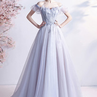 Gray tulle beads long prom dress A line evening dress - Thumbnail 1