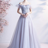 Gray tulle beads long prom dress A line evening dress - Thumbnail 2