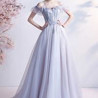 Gray tulle beads long prom dress A line evening dress - Thumbnail 3