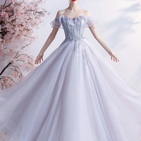 Gray tulle beads long prom dress A line evening dress - Thumbnail 4