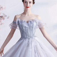 Gray tulle beads long prom dress A line evening dress - Thumbnail 6