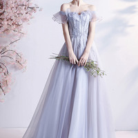 Gray tulle beads long prom dress A line evening dress - Thumbnail 7