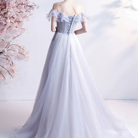 Gray tulle beads long prom dress A line evening dress - Thumbnail 9