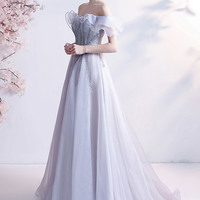 Gray tulle beads long prom dress A line evening dress - Thumbnail 8