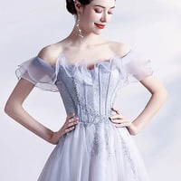 Gray tulle beads long prom dress A line evening dress - Thumbnail 5